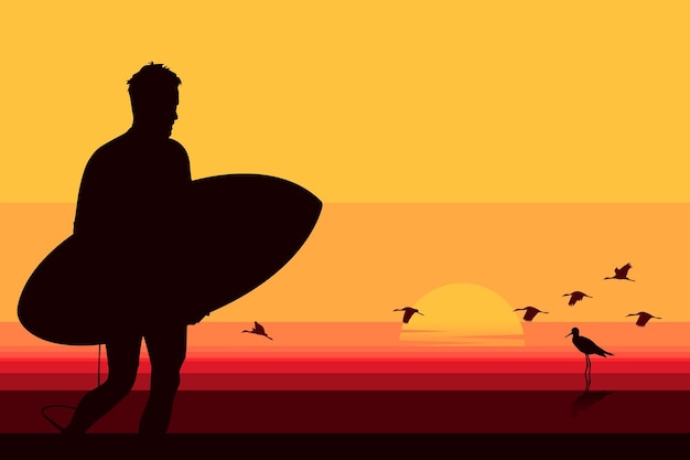 Shadow of human surfing at sunset