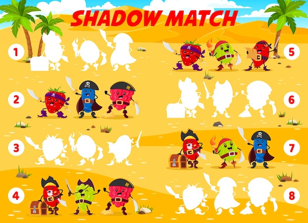 Shadow match game. Berry pirates and corsairs on treasure island. Find a correct contour of cartoon strawberry, honeyberry, raspberry and barberry. Grape, rosehip and gooseberry characters vector game