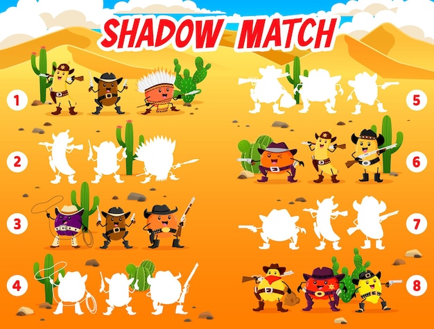 Shadow match game Wild West cartoon Western cowboy sheriff and robber fruits characters vector puzzle quiz and riddle Kids education activity worksheet with Wild West orange banana apple mango