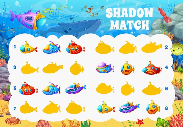 Shadow match game worksheet cartoon underwater landscape and submarine bathyscaphe vector puzzle Find and match suitable shadow silhouette of submarine and bathyscaphe boat in undersea coral reef