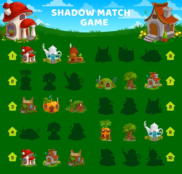 Shadow match game worksheet gnome and elf houses