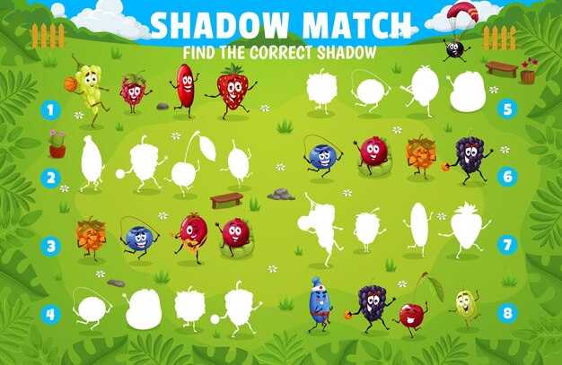 Shadow match game worksheet with cartoon berries