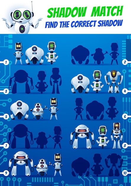 Shadow match kids game funny robots on motherboard