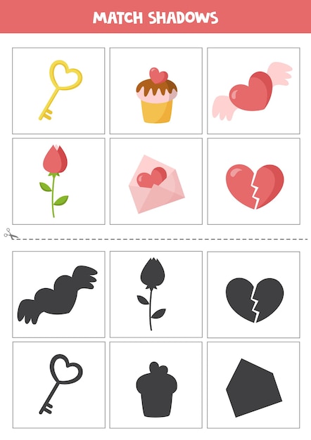 Shadow matching cards for preschool kids. Cartoon valentine elements.