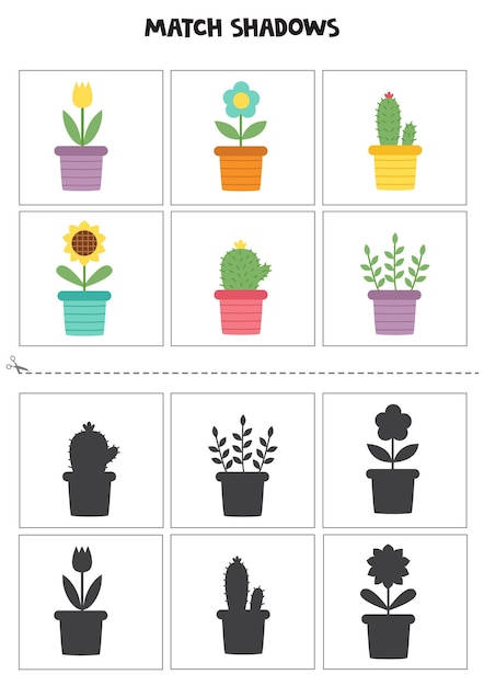 Shadow matching cards for preschool kids Colorful houseplants