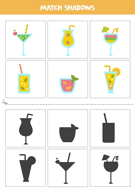 Shadow matching cards for preschool kids. Cute cartoon summer cocktails.