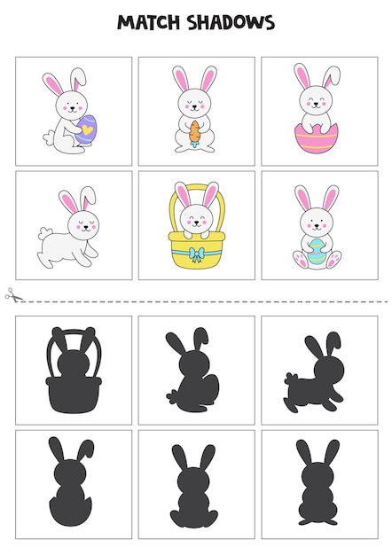 Shadow matching cards for preschool kids Cute Easter rabbits