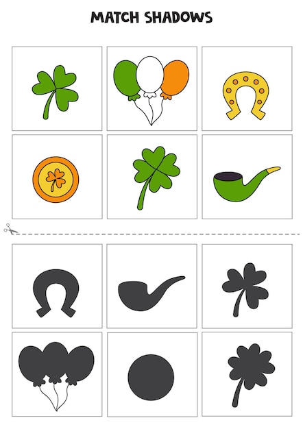 Shadow matching cards for preschool kids Saint Patrick day elements