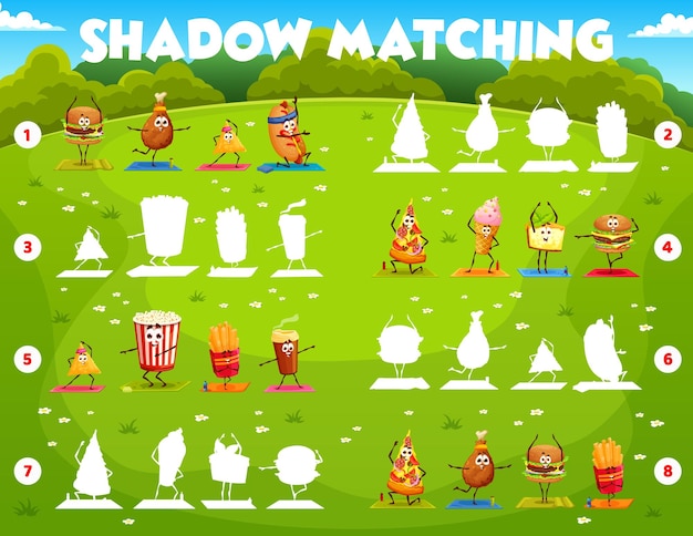 Shadow matching game Cartoon fast food characters on yoga vector worksheet with puzzle quiz riddle or attention test Match and connect funny personages of burger pizza hot dog and chicken leg