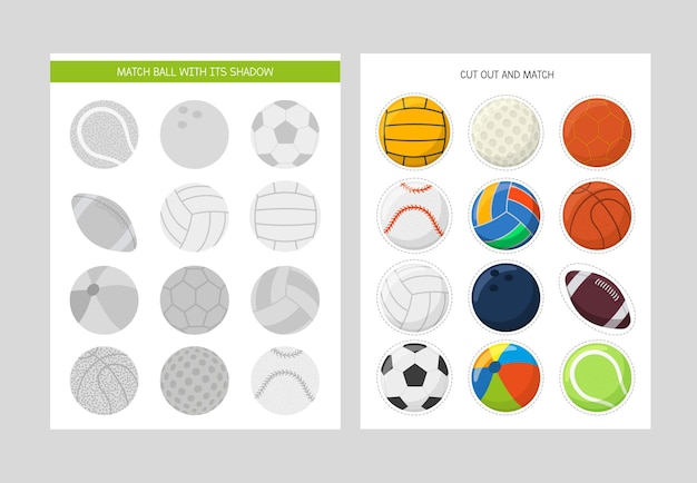 Игра «Сопоставление теней» для детей. Рабочий лист «Сопоставление спортивных мячей». Развивающее занятие по вырезанию и склеиванию.