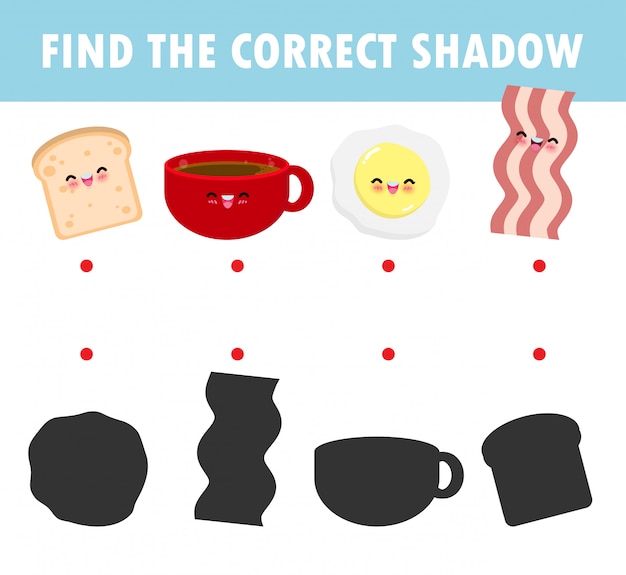 Shadow matching game per bambini, gioco visivo per bambini. colleghi l'immagine dei punti, tazza di caffè felice della prima colazione del fumetto sveglio, uovo, pane tostato, bacon, istruzione isolata sull'illustrazione del fondo