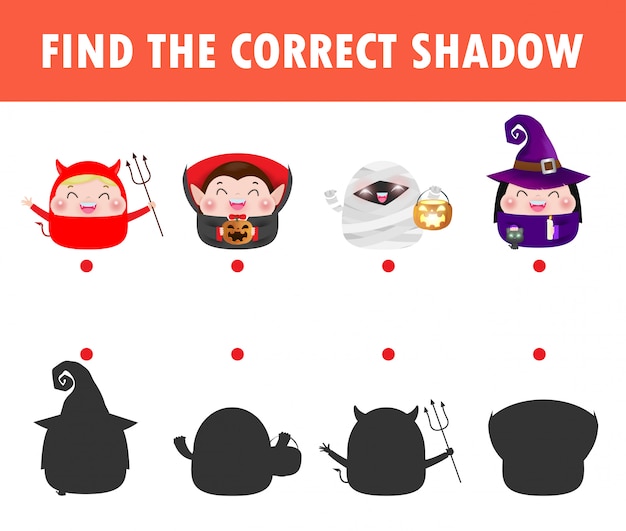 Shadow Matching Game for kids, Visual game for children. Connect the dots picture, Happy Halloween Party Kids Costume, Education isolated     Illustration.