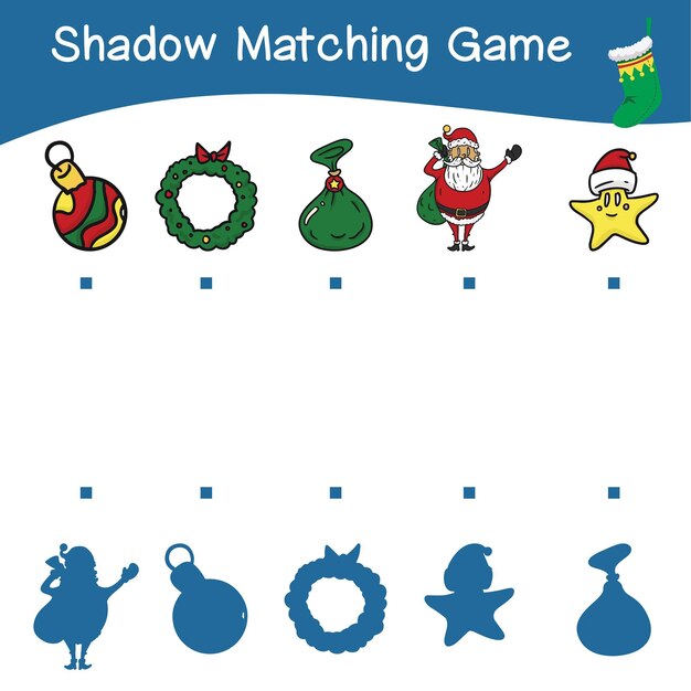 シャドウ マッチング ゲームのワークシート。クリスマスをテーマにした子供向けの教育用の印刷可能なワークシート。