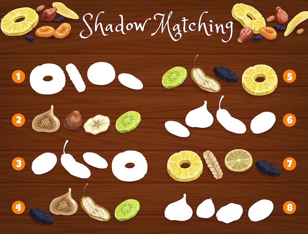 Shadow matching game worksheet with dried fruits