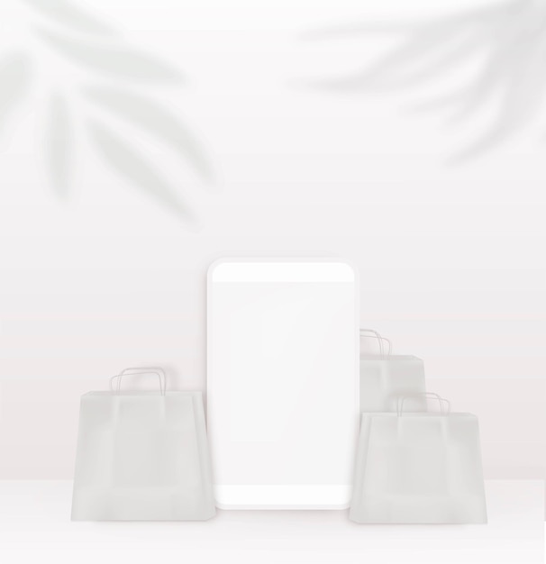 Effetto di sovrapposizione di ombre da rami di palma e foglie modello di scena con pacchetto regalo kraft per smartphone e ombra foglia