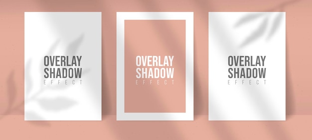 Shadow overlay plant vector mockup thre a4 paper sheets. shadows overlay leaf and window light effects. modern minimalist style. for presentation flyer, poster, blank, logo, invitation. editable color