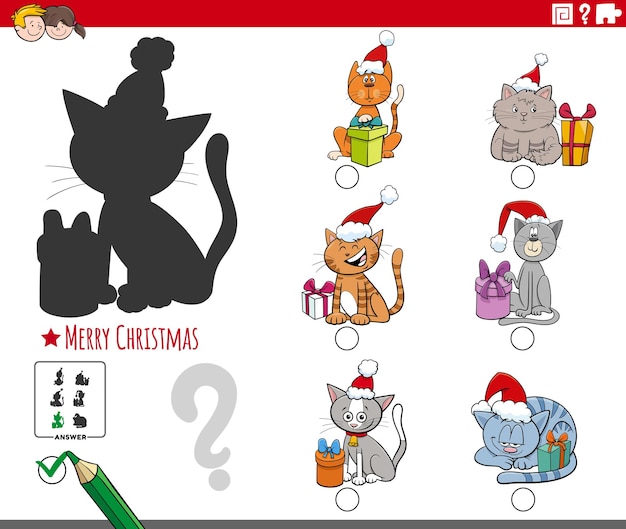 Shadow task for children with cartoon cats characters on christmas time