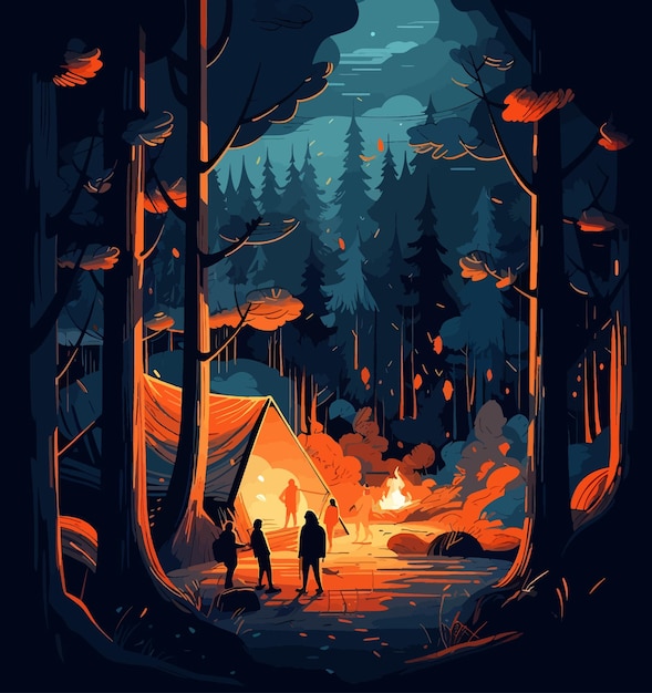 Vector shadowed flames a vibrant campfire night landscape illustration with a modernist twist