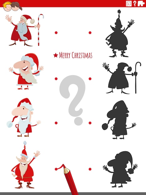 Shadows educational task with cartoon santa claus characters on christmas time