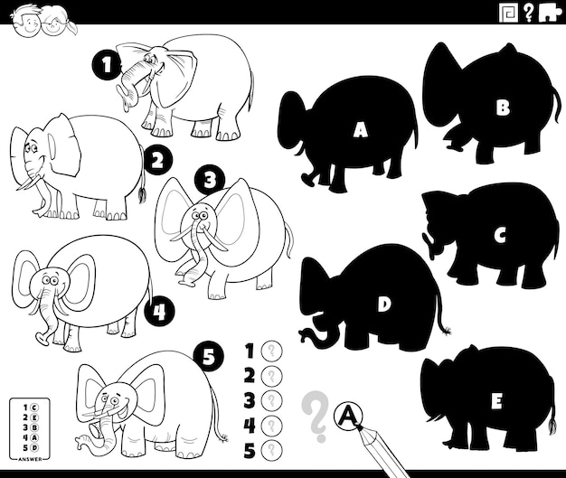 Vector shadows game with cartoon elephants coloring page