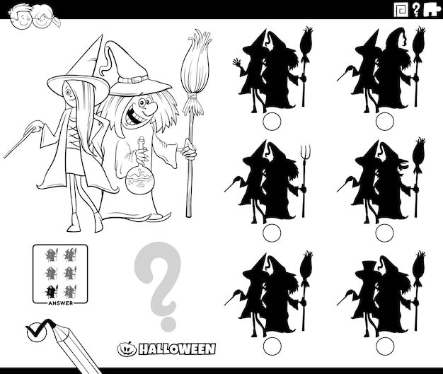 Shadows game with cartoon witches coloring page