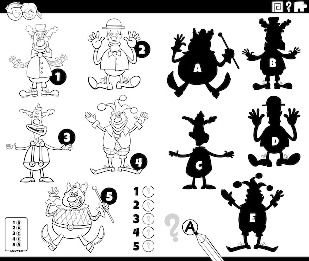 Shadows game with clowns characters coloring page