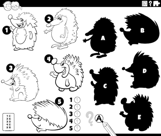 Shadows game with funny hedgehogs characters coloring page