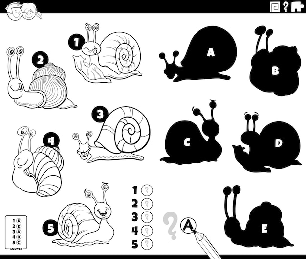 재미있는 달팽이 캐릭터가 있는 그림자 게임 색칠하기
