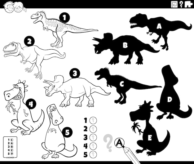 Shadows game with prehistoric dinosaur characters coloring page