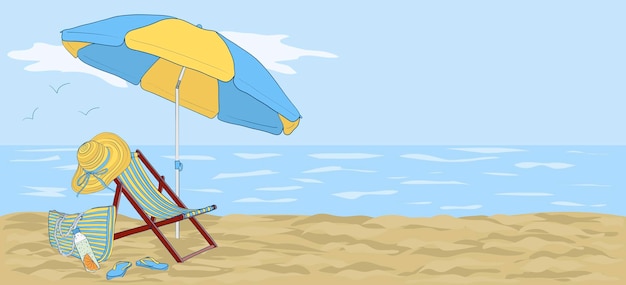 Shaiselongue op het strand onder een parasol tegen de achtergrond van de zee of oceaan