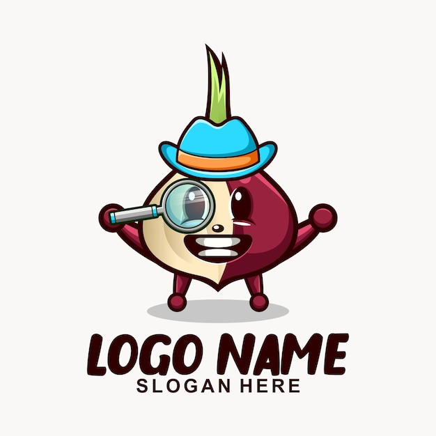 Vettore design del logo del personaggio mascotte carino detective dello scalogno