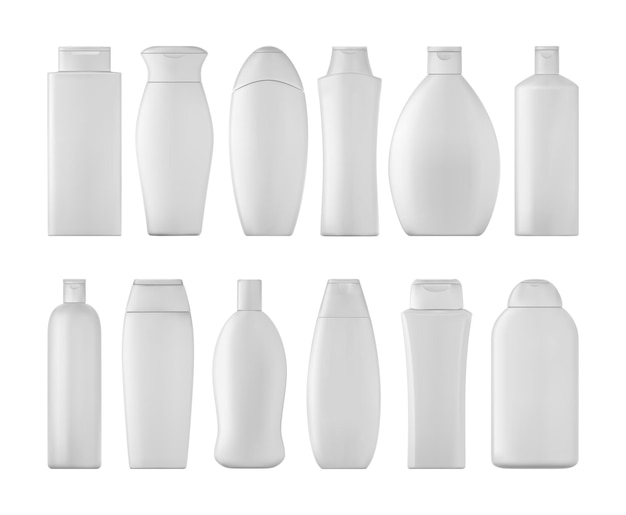 Vector shampoo bottles set on white background 3d illustartion