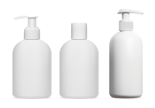 Shampoo fles. Cosmetische lotion, gel, zeepdispenser leeg, geïsoleerd. ontwerp van plastic pakket voor douchecrème, badproduct. Vochtinbrengende sjabloon, pompdispenser