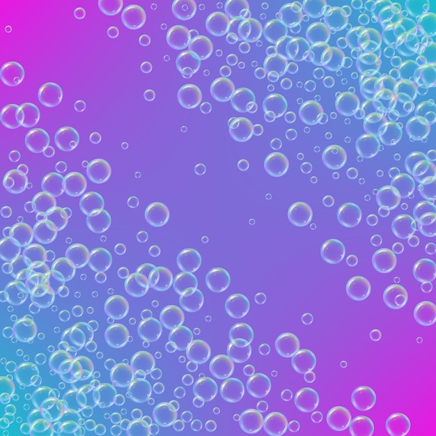 Shampoo foam diagonal frame with realistic water bubbles on trendy gradient background. Cleaning liquid soap foam for bath and shower. Shampoo rainbow bubbles. Swimming pool flyer and invite.