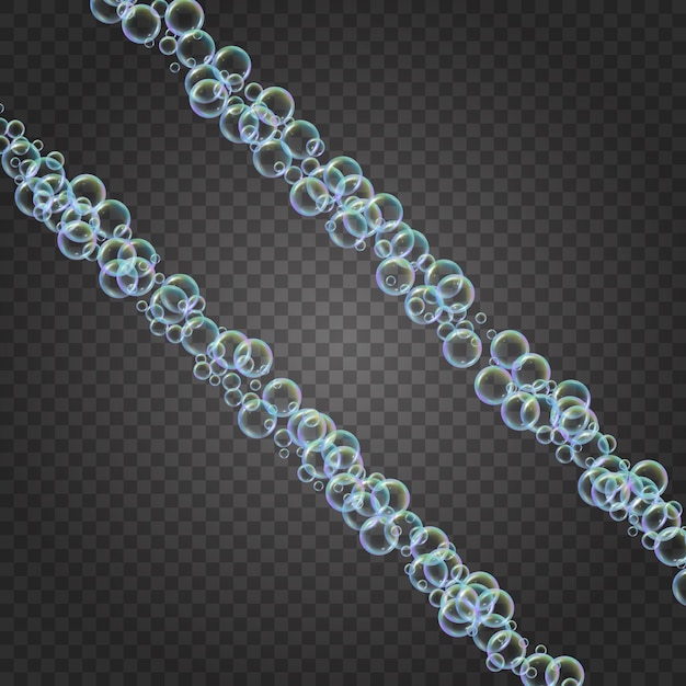 透明な背景にリアルな水泡と斜めのストライプのシャンプーフォーム。バスとシャワー用の液体石鹸フォームの洗浄。シャンプーレインボーバブル。スイミングプールのチラシと招待。