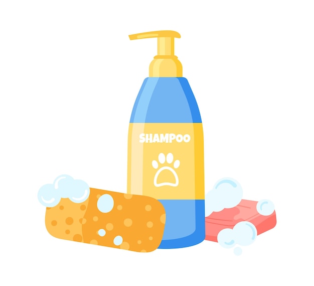 Shampoo, zeep, washandje voor vachtverzorging. Cosmetische verzorging voor honden en katten