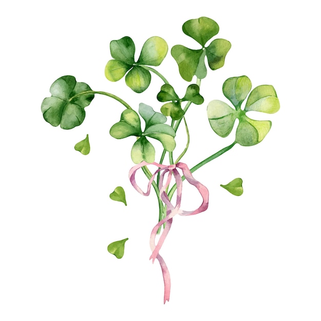 Shamrock and clover bunch with ribbon watercolor illustration isolated on white Hand painted green four leaves Hand drawn Irish lucky symbol Design element for StPatricks day postcard banner