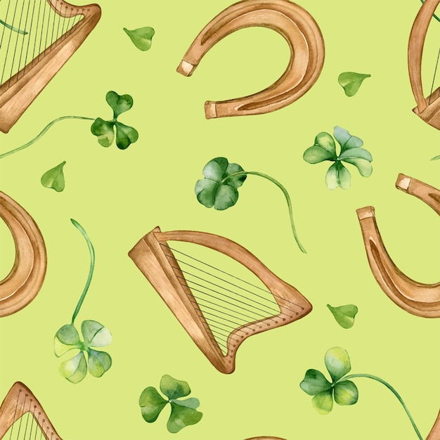 Shamrock and harp watercolor seamless pattern isolated on green background Green clover hand drawn