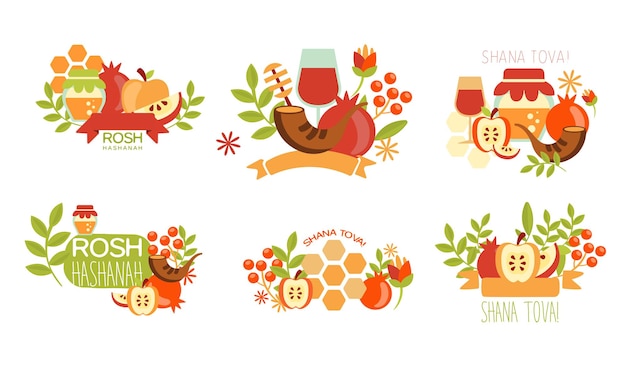 Vector shana tova labels set rosh hashanah joodse feestdag banner poster badge ontwerp elementen vector illustratie