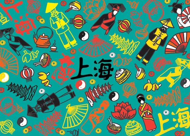 Shanghai doodle illustration china holiday travel doodle drawing modern style shanghai pattern