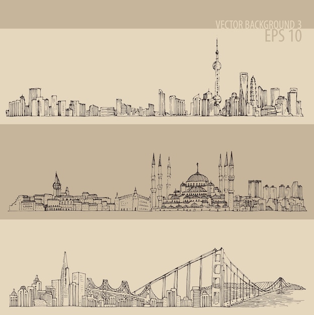 Shanghai, Istanbul, San Francisco skylines, grote stad architectuur, vintage gegraveerde illustratie