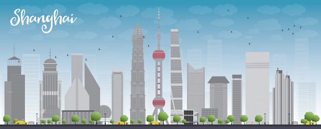 Shanghai skyline met blauwe lucht en grijze wolkenkrabbers