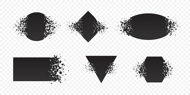 Shape explosion broken and shattered flat style design vector illustration set