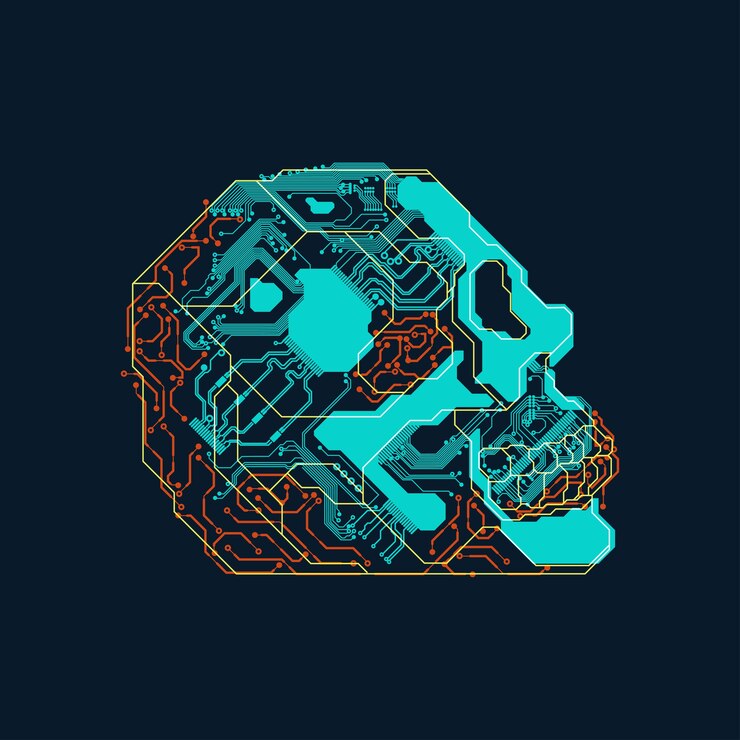 Vector shape of human skull combined with circuit board pattern