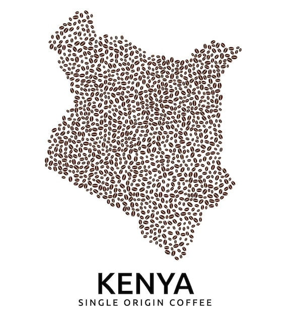Shape of Kenya map made of scattered coffee beans, country name below