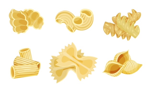 Set vettoriale di pasta a forma di macaroni di grano crudo per la preparazione dei pasti