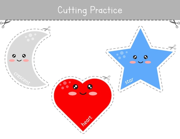 Shapes cutting practice worksheet for kids. Preschool educational game. Fine motor skills activity