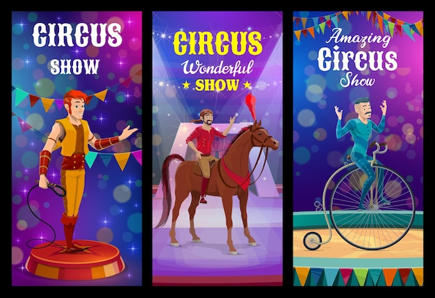 Shapito circus animal trainer and acrobat characters. top circus performance, wild animals tamer, horse acrobat and unicycle riding performers show on circus stage