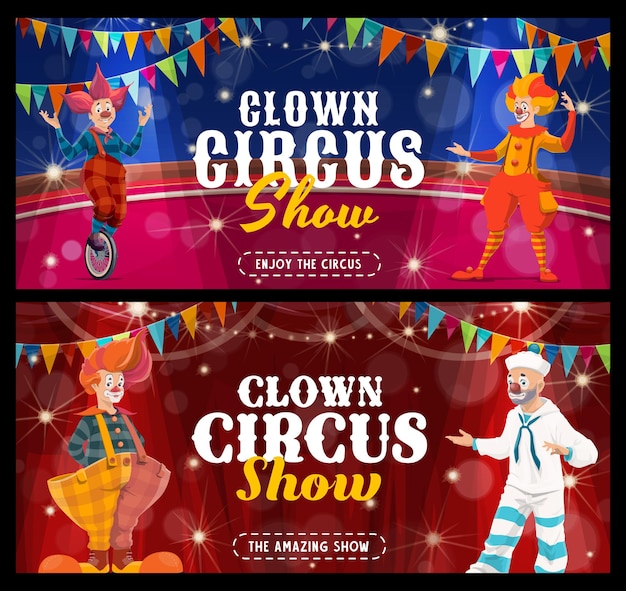 Pagliacci e giullari dei cartoni animati del circo shapito sul palco