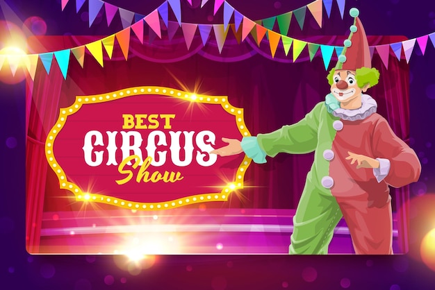 Shapito circus elderly clown in cap on stage funfair carnival vector poster Kids circus performance and magic show poster for ticket booth or web banner with joker or jesters in costume